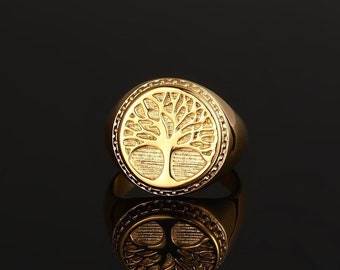 Mens Ring Gold Tree Of Life Ring - Signet Ring Mens - Large Pinky Ring Men - 18K Gold Signet Ring - Gold Rings for Men - Mens Silver Ring