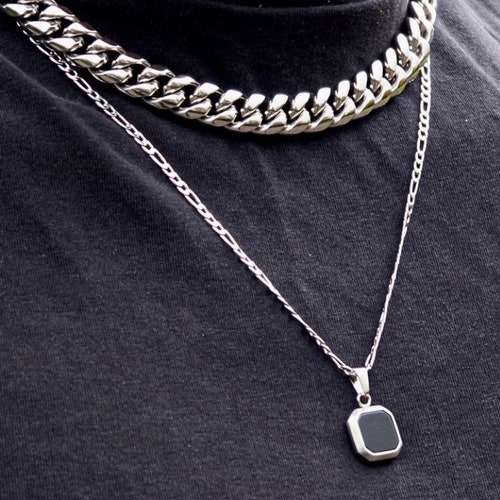 Black Onyx Stone Pendant Silver Mens 