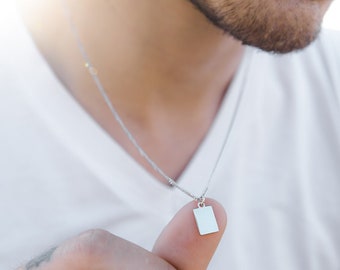 Silver Mens Necklace, Minimalist Tiny Silver Bar Pendant for Men, Silver Necklace For Men, Small Silver Pendant Necklace - Mens Jewelry Gift