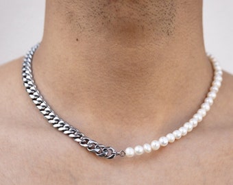 Mens Pearl Necklace, Half Pearl & Silver Cuban Chain, Shell Pearl Bracelet Chain, Mens Bracelets, Pearl Necklace Men, Mens Jewelry Gift