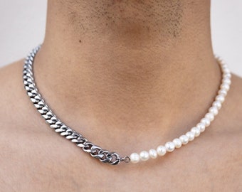 Mens Pearl Necklace, Half Pearl & Silver Cuban Chain, Freshwater Pearl Chain For Men-  Pearl Necklace Men, Mens Jewelry - By Twistedpendant