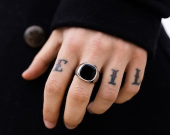 Zilveren Signet Ring - Vintage Styled Black Stone Signet Ring Mannen - Mens Signet Ring - Zilveren ringen voor mannen - Sieraden Cadeau - Mens Ring UK