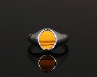 Mens Ring Tigers Eye Signet Silver Ring - Onyx Ring - Signet Ring Men - Gold Gemstone Ring - Silver Rings for Men - Mens Pinky Ring Gifts