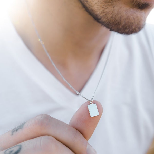 Silver Mens Necklace, Minimalist Tiny Silver Bar Pendant for Men, Silver Necklace For Men, Small Silver Pendant Necklace - Mens Jewelry Gift