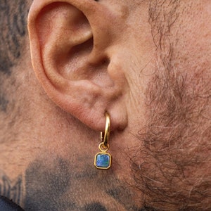 Mens Earrings - Mens Dangle Earring - Gold Opal Earrings Men - Mens 18K Gold Earrings - Gold Gemstone Hoop Earrings - Mens Jewellery Gifts