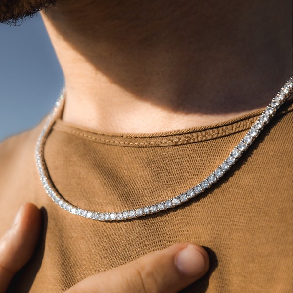Mens Necklace, Silver Tennis Necklace Chain, Thin Diamond Tennis Chain, Silver Chain Men Jewelry, Mens Diamond Bracelets - By Twistedpendant