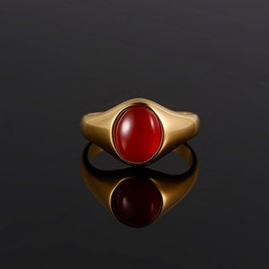 Mens Ring, 18K Gold Ring - Red Agate Gemstone Ring - Signet Ring Mens - 18K Gold Signet Ring - Gold Rings for Men - Mens Pinky Ring Jewelry