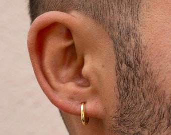 Mens Earrings - 12mm 18K Gold Hoop Earrings - Small Huggie Styled Earrings For Men - Hoop Earrings Men - Mens Jewelry Christmas Gifts UK