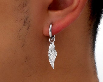 Silver Angel Wing Mens Earrings - Sterling Silver Feather Hoop Earrings - Single Earring Dangle Pair of Earrings - For Men for Women