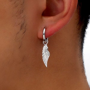 Silver Angel Wing Mens Earrings - Sterling Silver Feather Hoop Earrings - Single Earring Dangle Pair of Earrings - For Men for Women