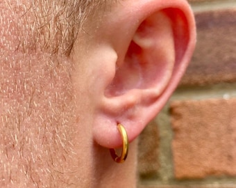 Mens Earrings - 14mm Gold Mens Hoop Earrings - Medium 18K Gold Steel Hoop Earrings, Hoop Earring Men / Huggie Earrings for Men Jewelry Gift