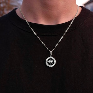 Mens Necklace - Silver North Star Compass Necklace For Men - Round Silver Chain Pendant - Mens Jewelry - Mens Silver Necklace Gifts