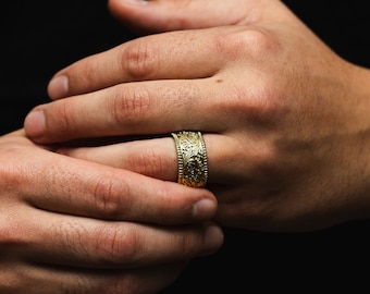 18K Gold Chunky Band Ring - Mens Ring - Patterned Gold Ring For Men - Mens Jewelry - Statement Ring Gold - Vintage Style Gold Ring Gifts