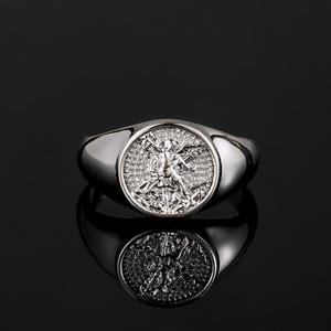 Herenring - kleine Saint Michael-ring - zilveren Sint-Michiel-zegelring - herensieraden - zilveren zegelring voor mannen - kleine soevereine ring cadeau