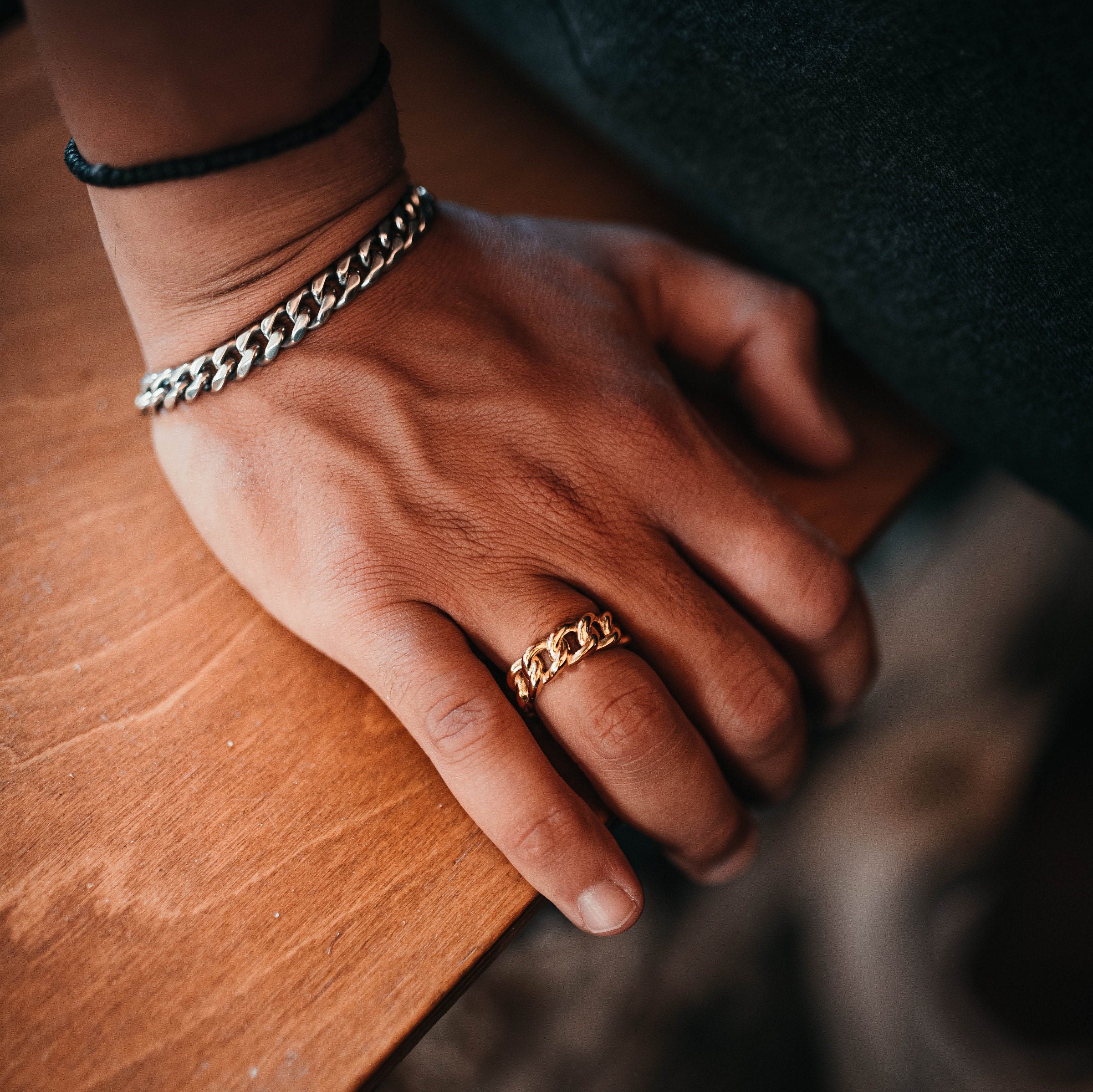 Mens Ring Silver Steel Chain Band Pinky Rings for Men - Mens