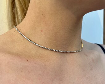 18Kゴールドダイヤモンドテニスネックレス 2mm、細幅ゴールドチェーン