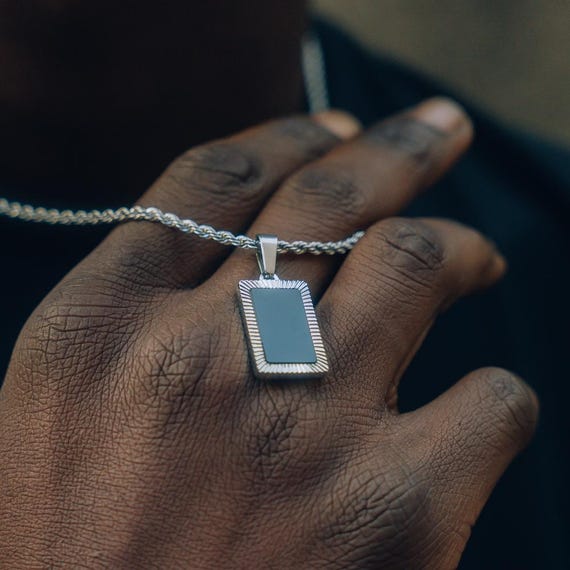 Mens Necklace - Silver Rectangle Onyx Pendant - Black Onyx Pendant