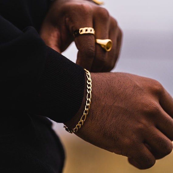 18k Gold Bracelet Men, Mens Bracelet 5mm Figaro Chain, Thick Gold