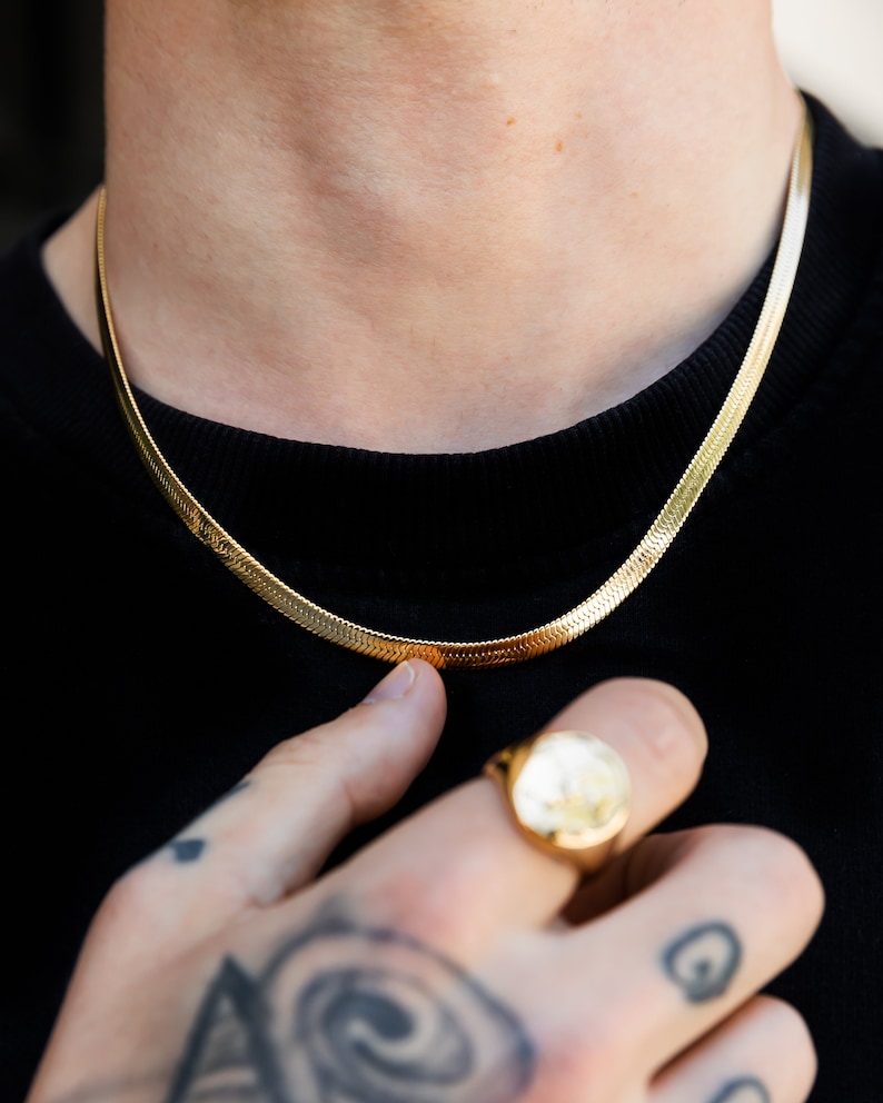 18K Gold Snake Chain Necklace, 5mm Flat Snake Layer Necklace Gold Chain, Gold Choker Necklace, Gold Herringbone Chain, 18K Gold Jewelry image 6