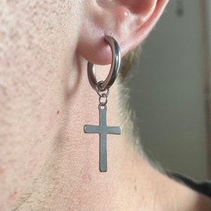 Mens Earrings - Silver Cross Earrings Men - Silver Cross Dangle Earrings - Stainless Steel Mens Silver Earrings - Mens Dangle Hoop Earrings