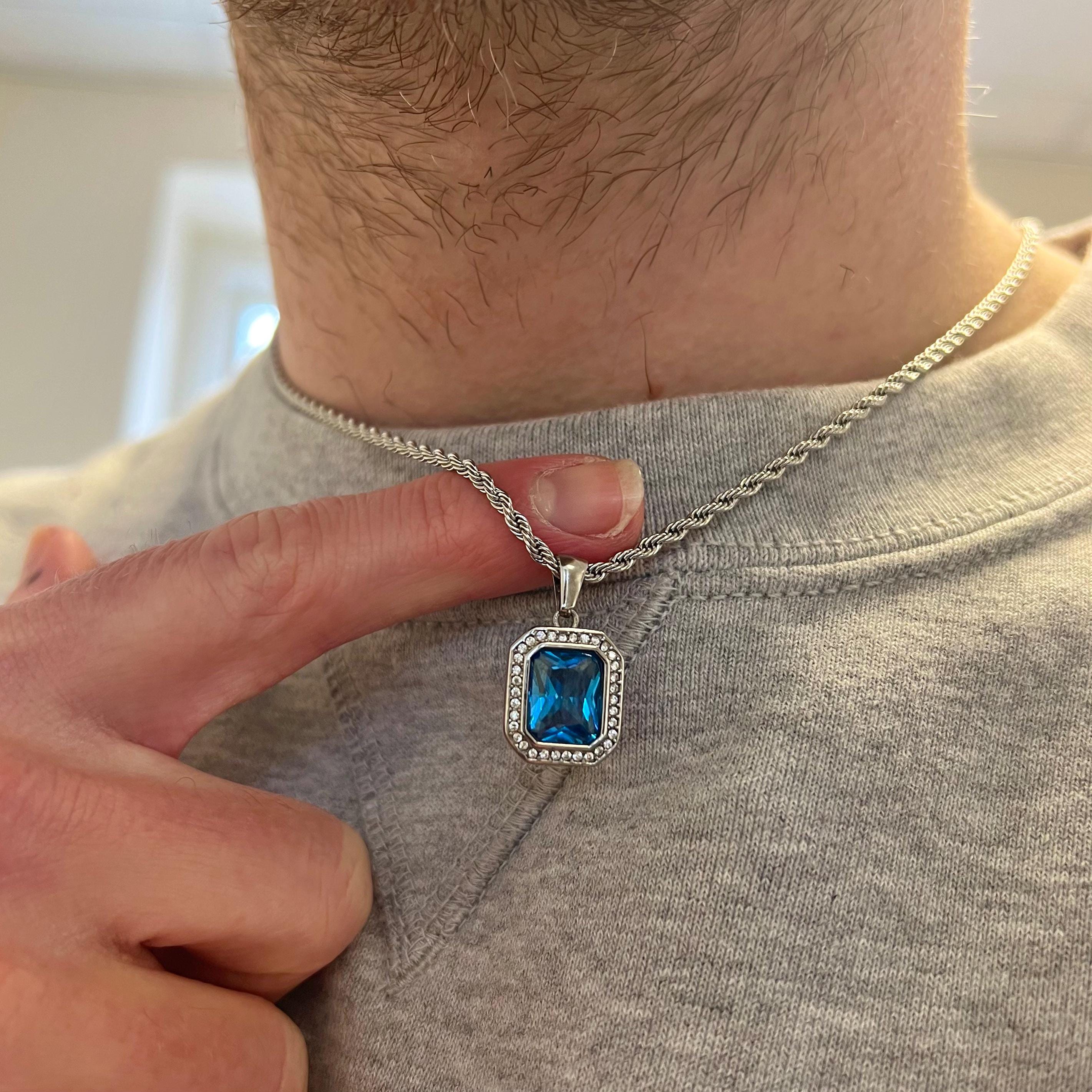 Mens Necklace - 18K Gold Blue Diamond Necklace - CZ Diamond