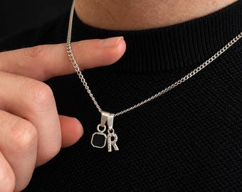 Mens Necklace - Silver Initial Necklace for Men, Onyx Chain Pendant - Black Onyx Necklace - Initial Chain With Gem - Initial Chain Gift Set