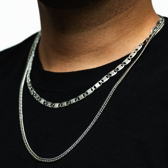 メンズネックレス - シルバー 3mm フラットキューバンリンクチェーン