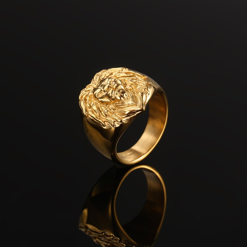 Mens Ring Large Lion Gold Ring - Animal Ring - Signet Ring Men - 18K ...