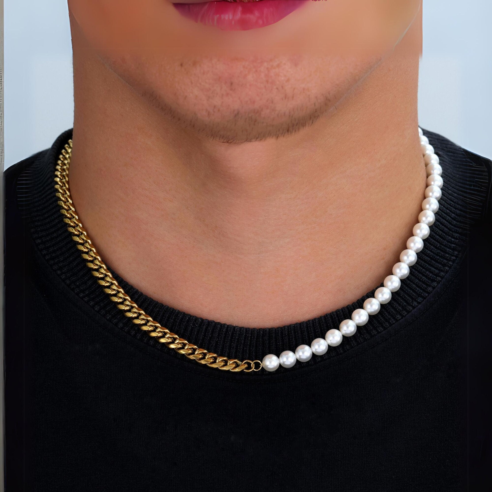 Mens Necklace, Half Pearl Half Chain Necklace for Men, 18K Gold