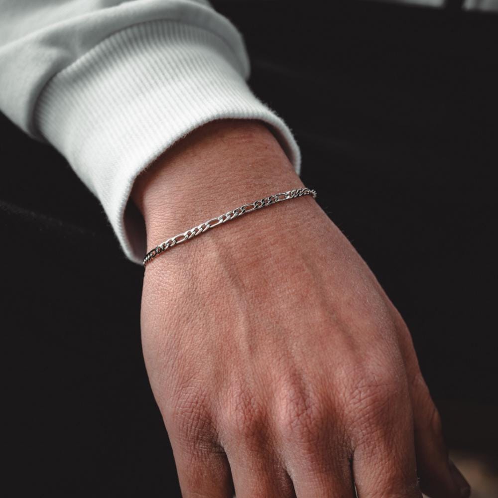 Chaine Bracelet Pour Homme En Argent Massif 925 - Figaro Large 3mm - Neuf Avec Emballage