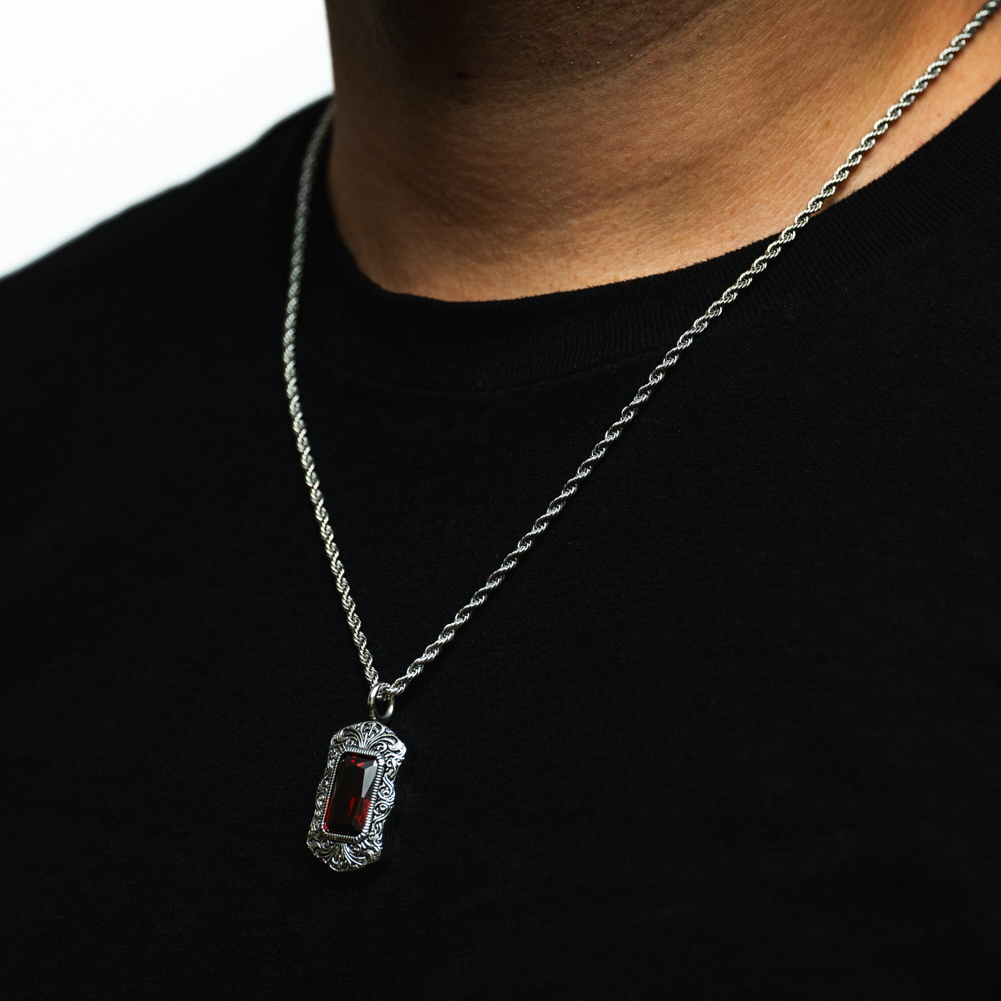 Mens Necklace - 18K Gold Vintage Gemstone Pendant - Black Diamond