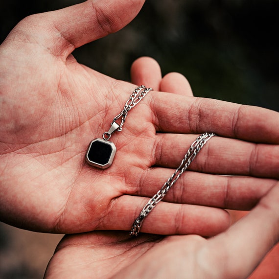 Black Onyx Stone Pendant Silver Mens Necklace Stone Pendant 