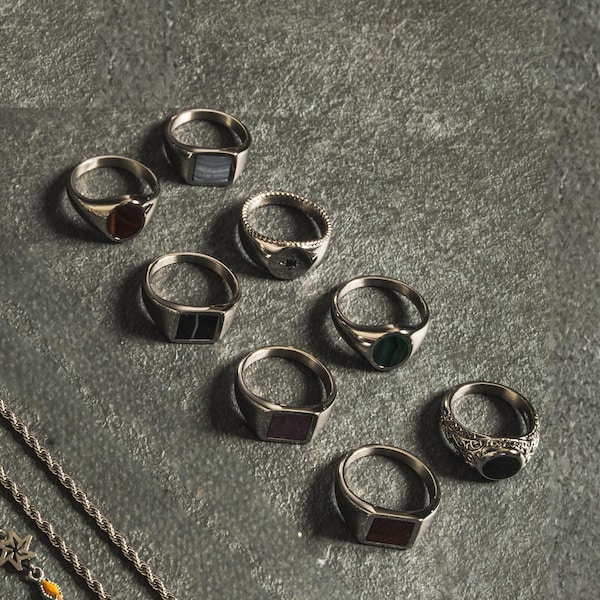 Mens Rings - Silver Signet Rings For Men - Silver Gemstones Ring - Mens Pinky Ring - Black Onyx Signet Ring - Green Gem Ring - Mens Jewelry
