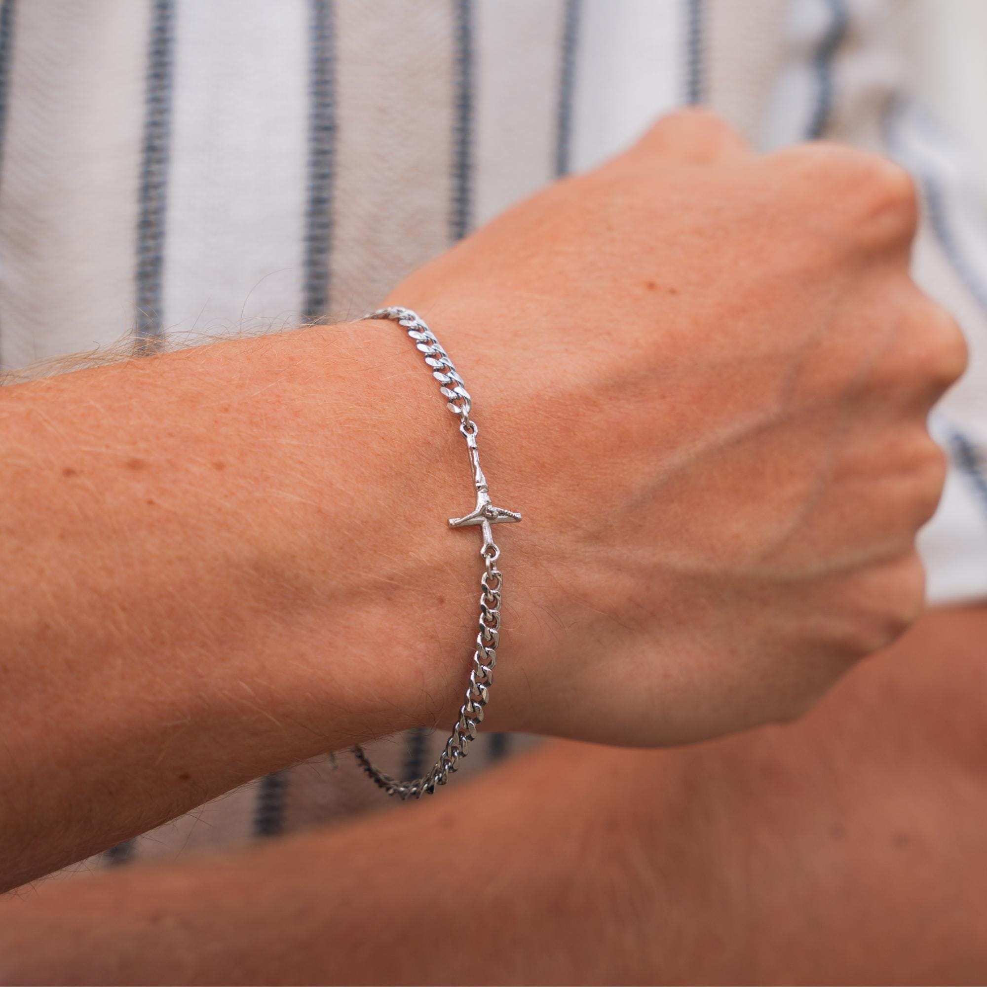 Silver Mens Bracelet - 3mm Crucifix Charm Bracelet - Mens Bracelet
