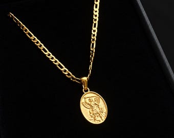 18K Gold Oval Saint Michael Necklace For Men - Minimal Gold Pendant Necklace - Religious Jewelry - Mens Jewelry - Gold Figaro Chain Pendant