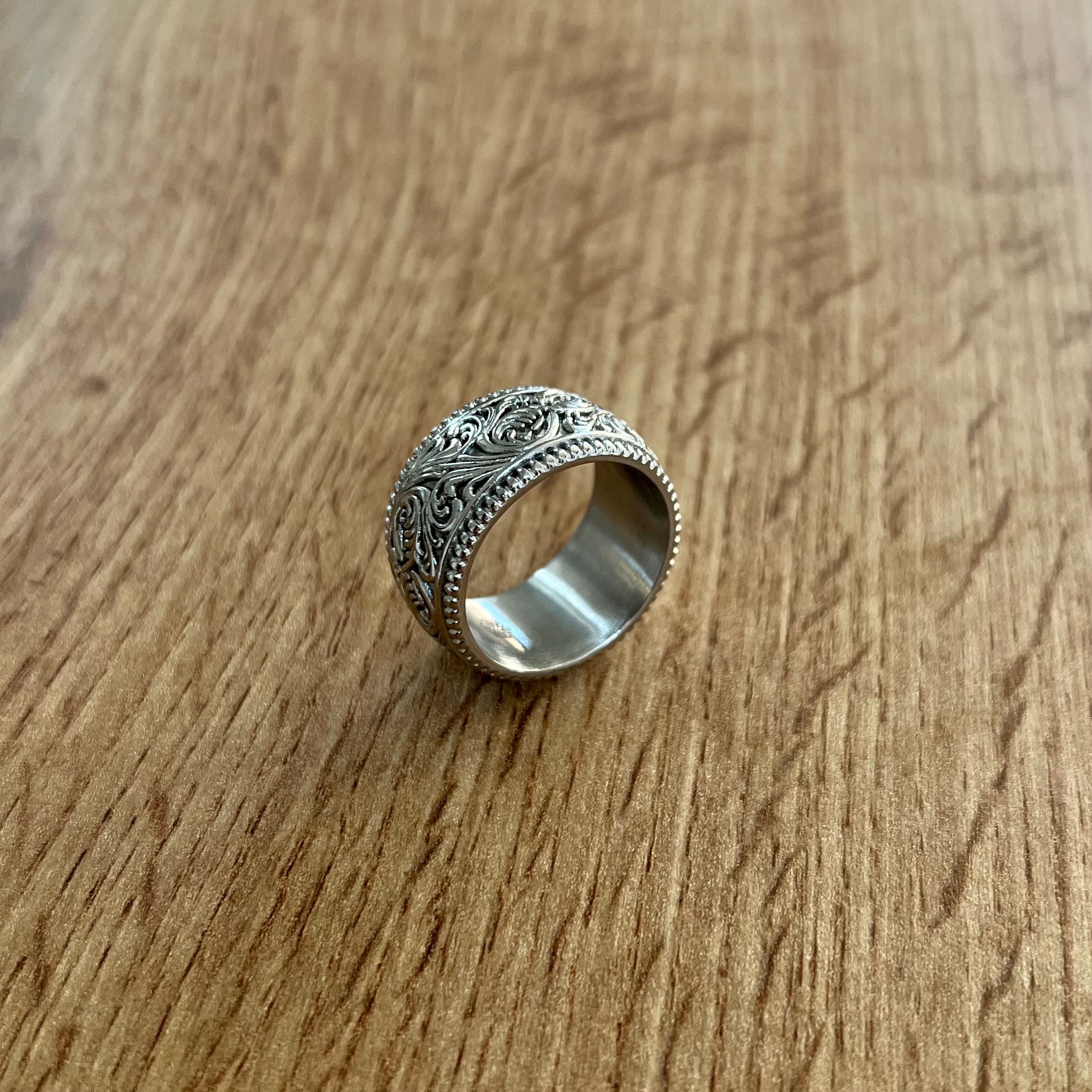 Mens Ring, Chunky Patterned Silver Band Ring - Mens Signet