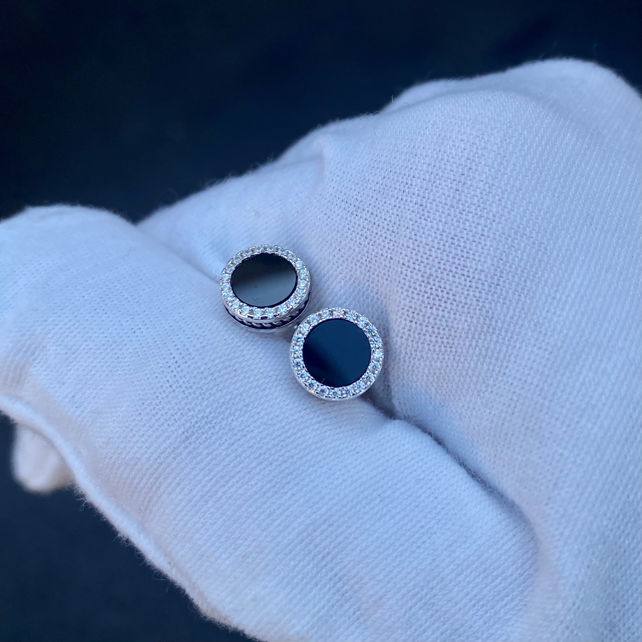 Round Sterling Silver Stud Earrings for Women / Men, Black