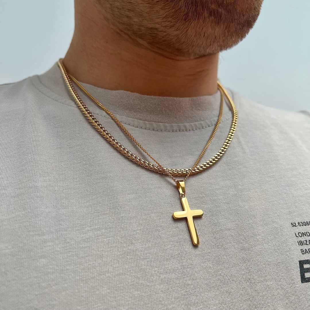 18K Gold Cross Pendant Necklace & Chain Set Mens Gold Cross Chain With