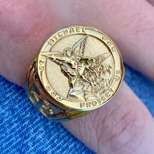 Mens Gold Ring, 18k Gold Signet Ring Men, Gold Man Ring, Protect Us St ...