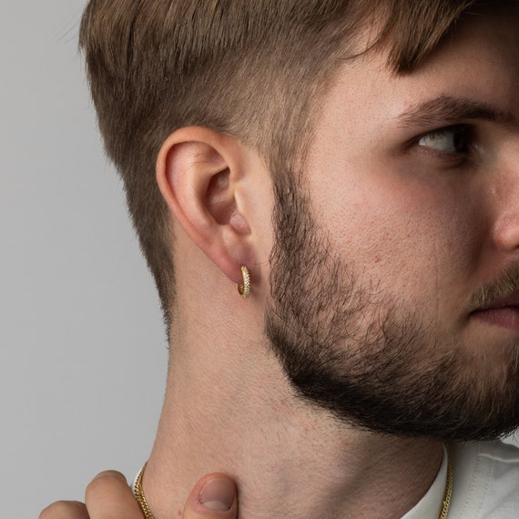 Mens Earring, Chunky Gold Diamond Hoop Earring, Mens Hoop