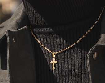 Collar con cruz para hombre - Collar con crucifijo de oro de 18 quilates - Collar con cruz de oro para hombre - Cadena de cuerda con cruz para hombre - Cadena cristiana - Joyería para hombre