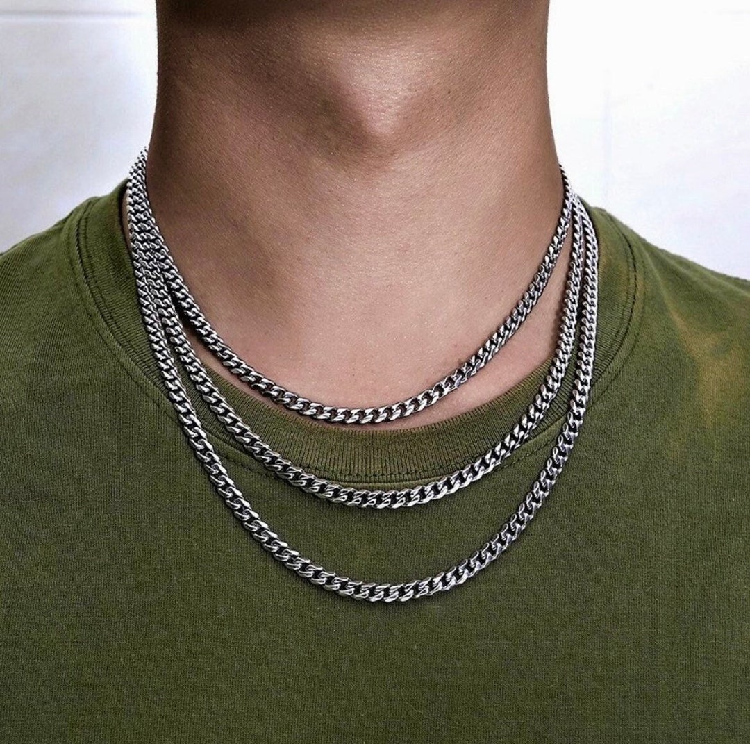 Silver Cuban Necklace Chain, 18K Gold Curb Chain for Men Silver Cuban Necklace Chain, 18K Gold Curb Chain for Men