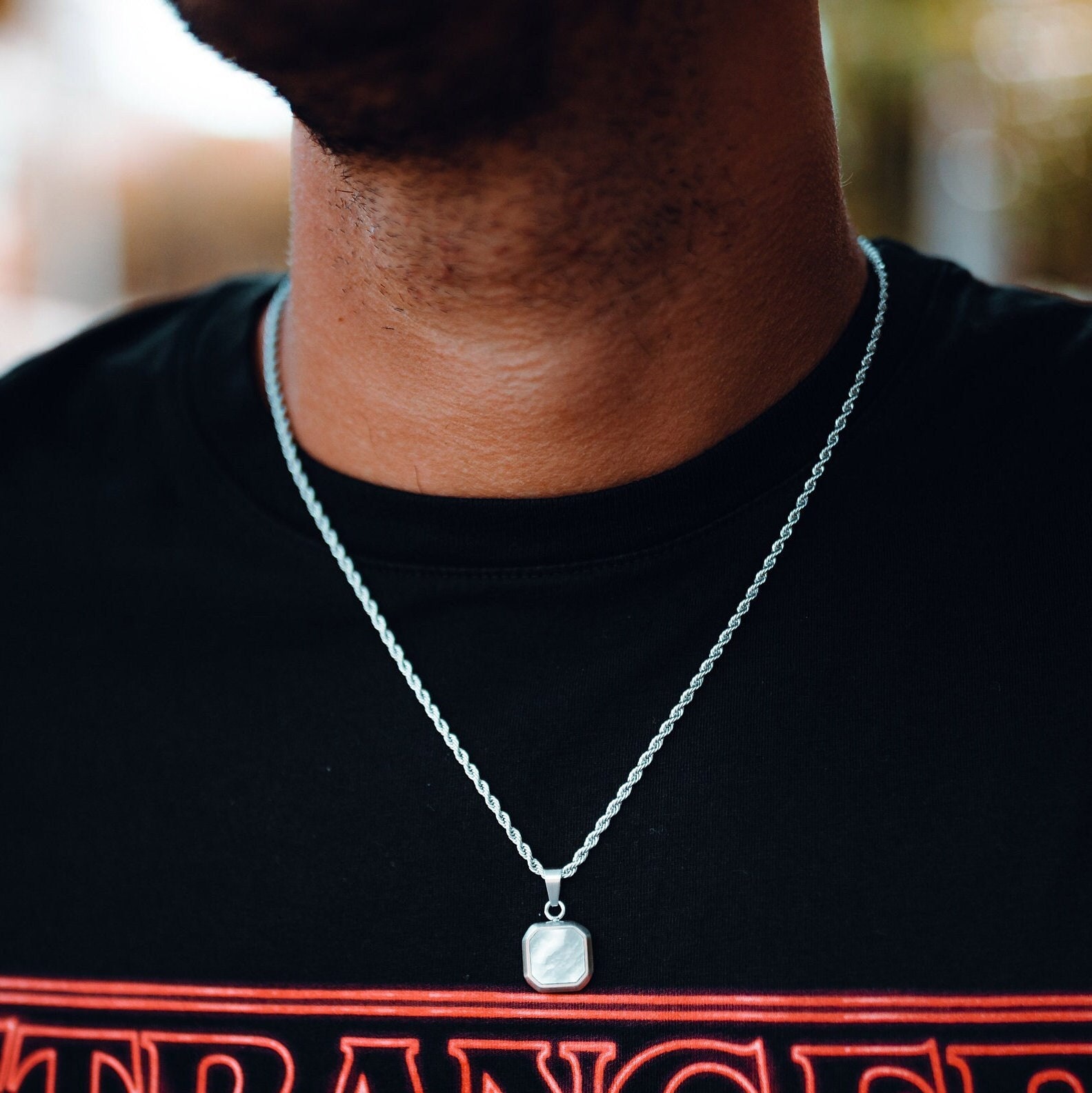 Silver Chain With Pearl Pendant For Men Men's White Freshwater