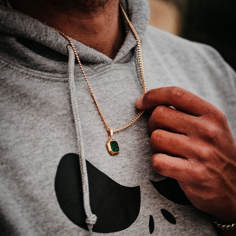 18K Gold Necklace, Green Opal Stone Pendant, Mens Gold Necklace, Square Gemstone Pendant Men, Gold Necklace For Men, Gold pendant Men UK