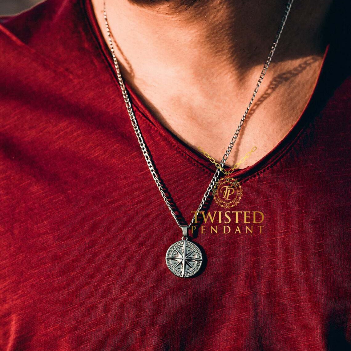 Silver Compass Mens Necklace Silver Pendant Necklace for Men