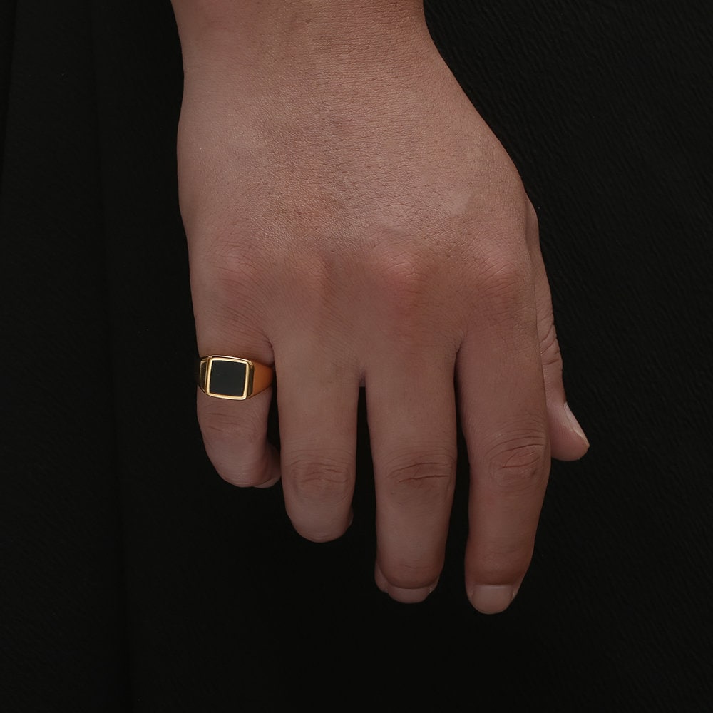 Mens Ring - 18K Gold Square Onyx Signet Ring for Men, Minimalist ...