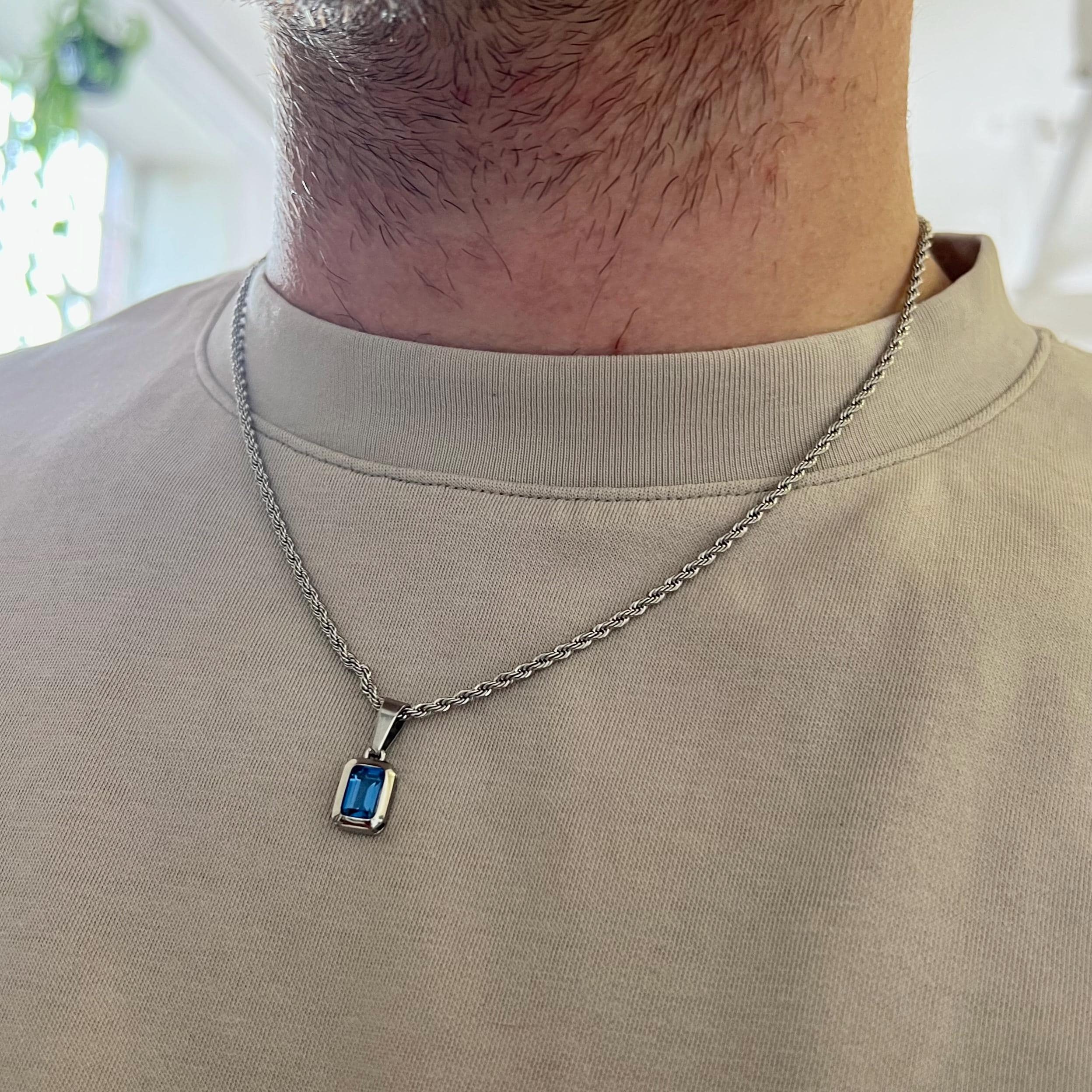 Mens Necklace - Silver & Blue Sapphire Styled CZ Pendant Necklace