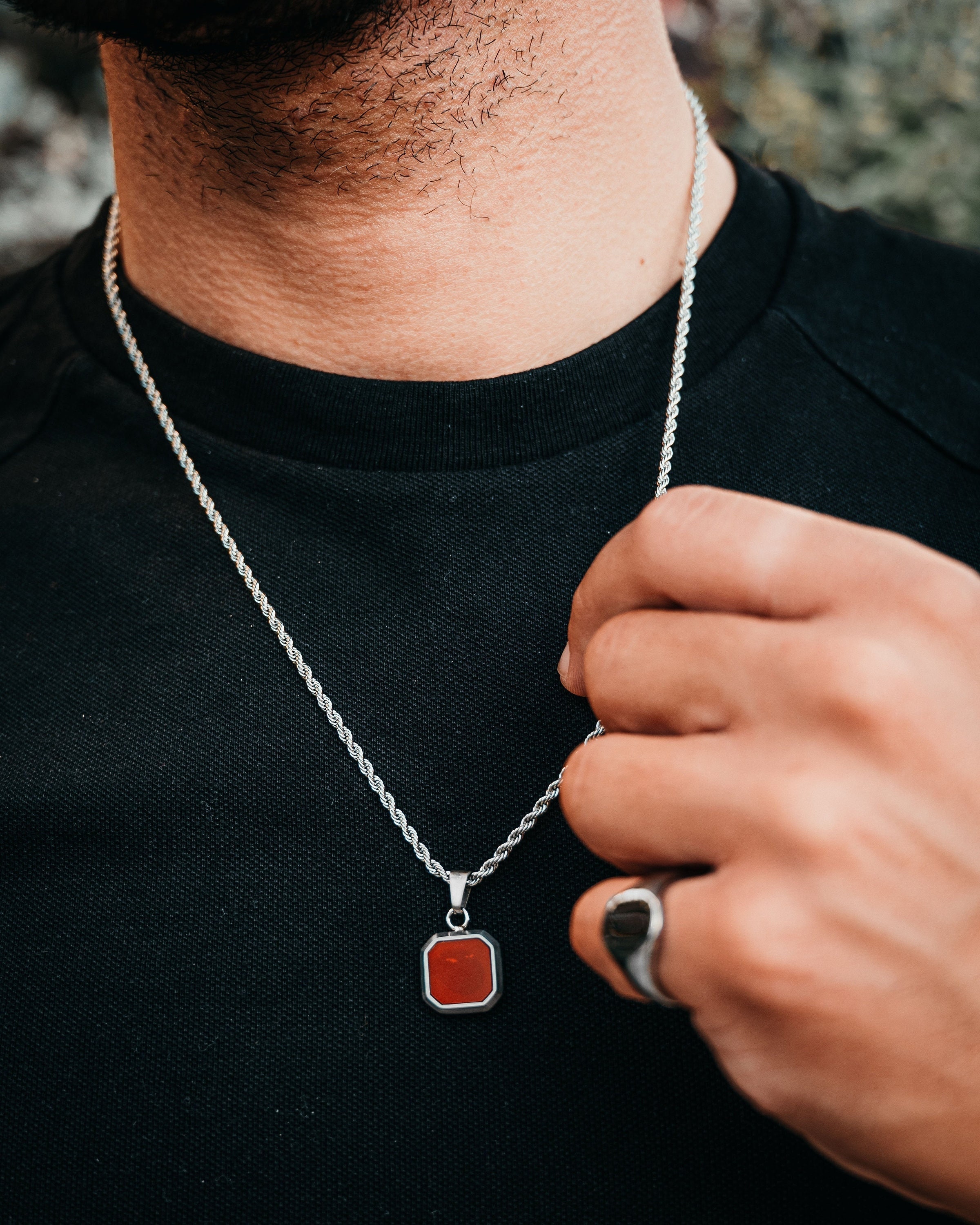 Mens Necklace - Silver & Red Pendant Necklace for Men - Necklace 