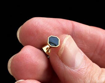 Mens Gold Earring - 18K Gold Stud Earring with a Black Enamel Centre - Octagon Stud Earring For Men - Mens Jewelry - Minimal Stud For Men
