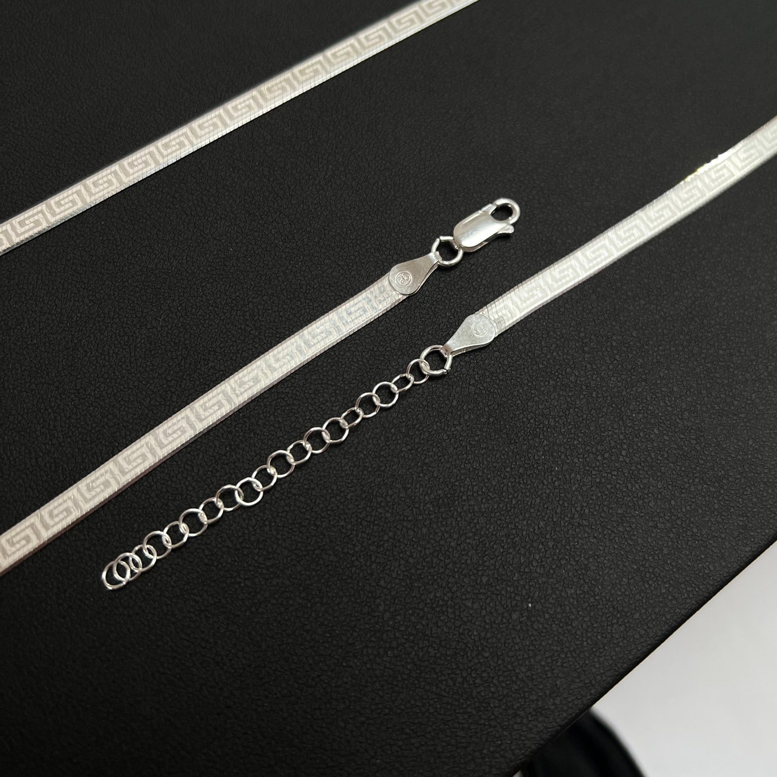Silver Snake Chain, Greek Key Mens Chain 5mm Flat Gold Chain, Silver ...